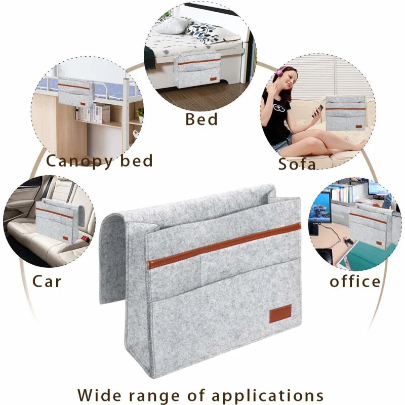 1pc Stylish Bedside Hanging Storage Bag with Phone Remote and Tissue Holder Dormitory Felt Bedside Hanging Organizer