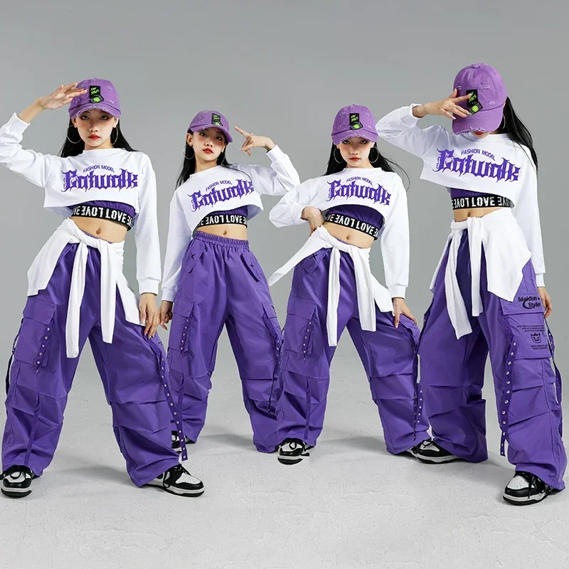 Hip Hop Girls Fashion K-pop Crop Top Purple Cargo Pants Children Street Dance Outfits Kids Streetwear Group Jazz Clothes Sets