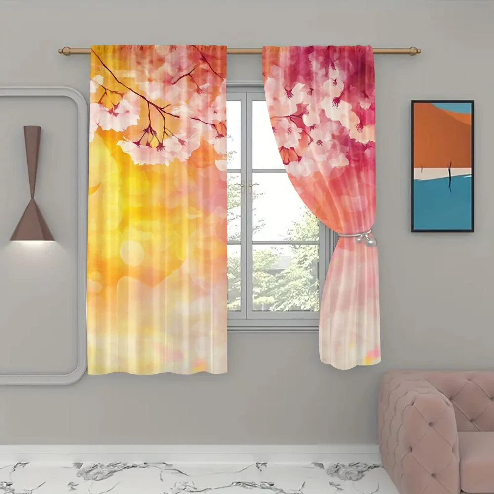 2Pcs Nature Curtains Japanese Cherry Sakura Floral Art In Soft Color Over Blurred Background Living Room Bedroom Window