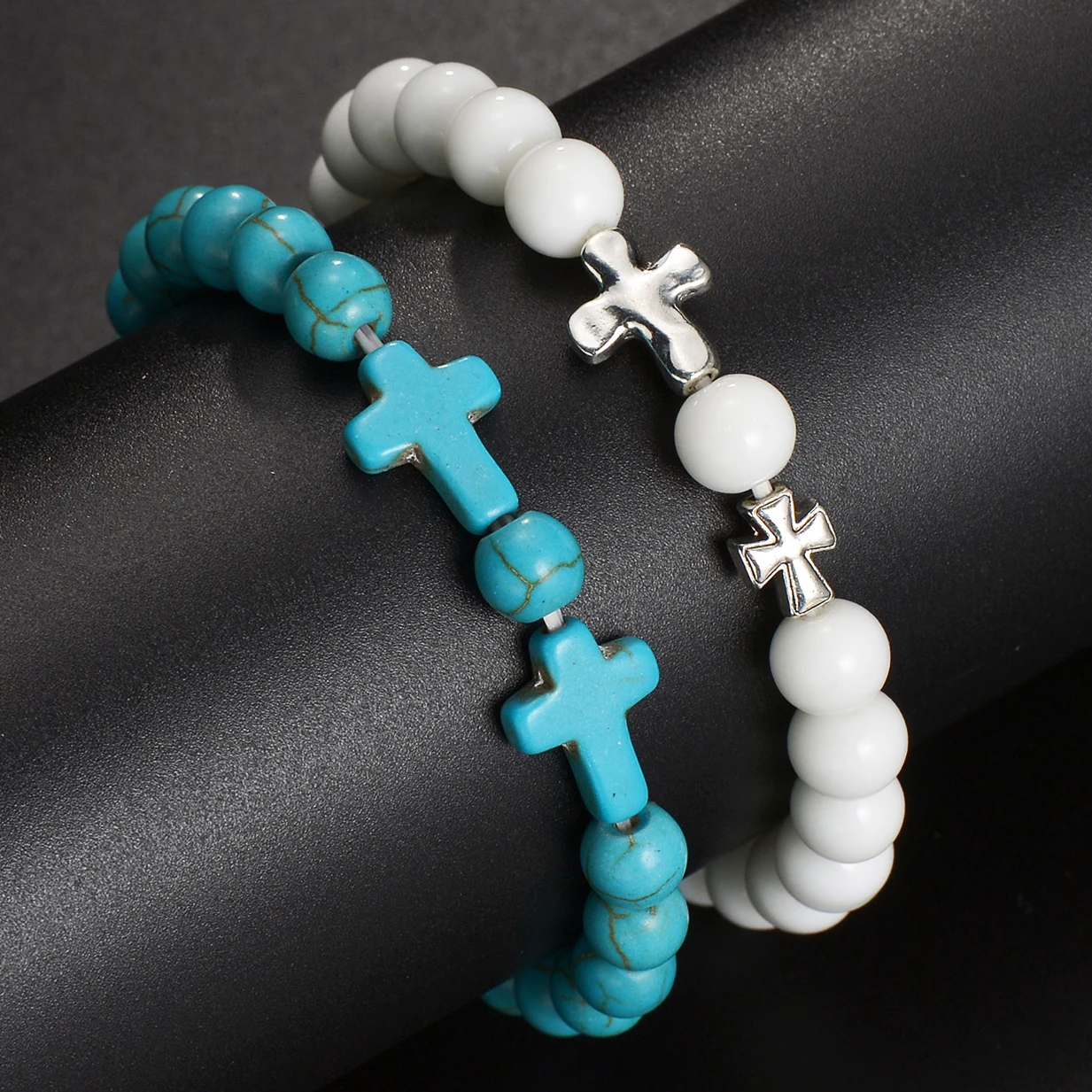 MeMolissa Blue White Turquoise Beaded Natural Lava Stone Cross/Skull/Starfish Bracelets Charm Couple Jewelry Gifts