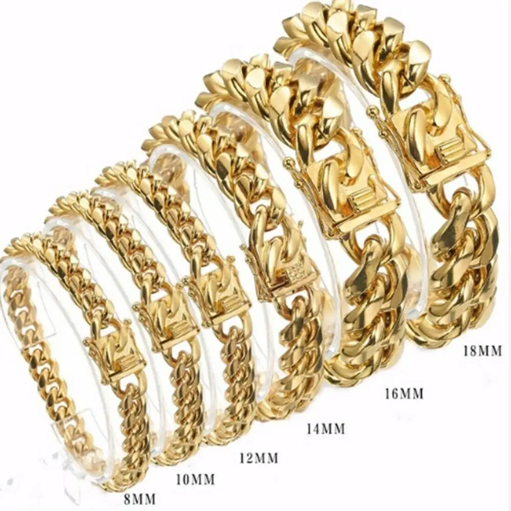 Gold Color/Rose Gold Stainless Steel Curb Cuban Link Chain Bracelet Bangle Jewelry 7-11inch for Men Women 8/10/12/14/16/18mm