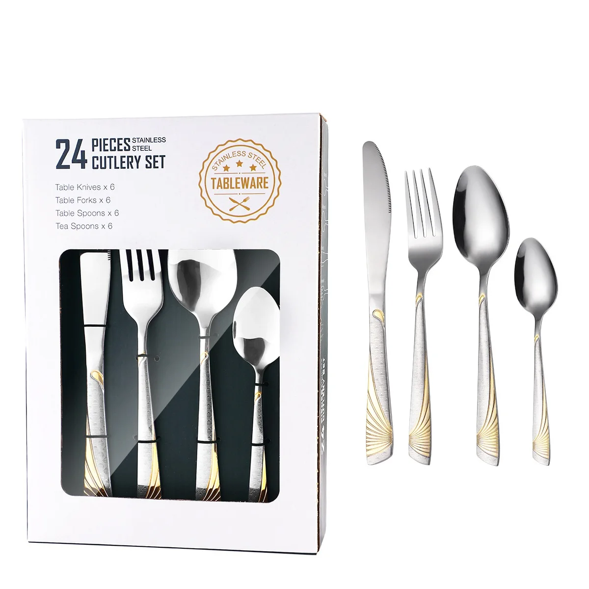 Modern Engraving Cutlery Silverware Set with Ultra Sharp 2-IN-1 Serrated Knives 24 Stainless Steel Flatware Set