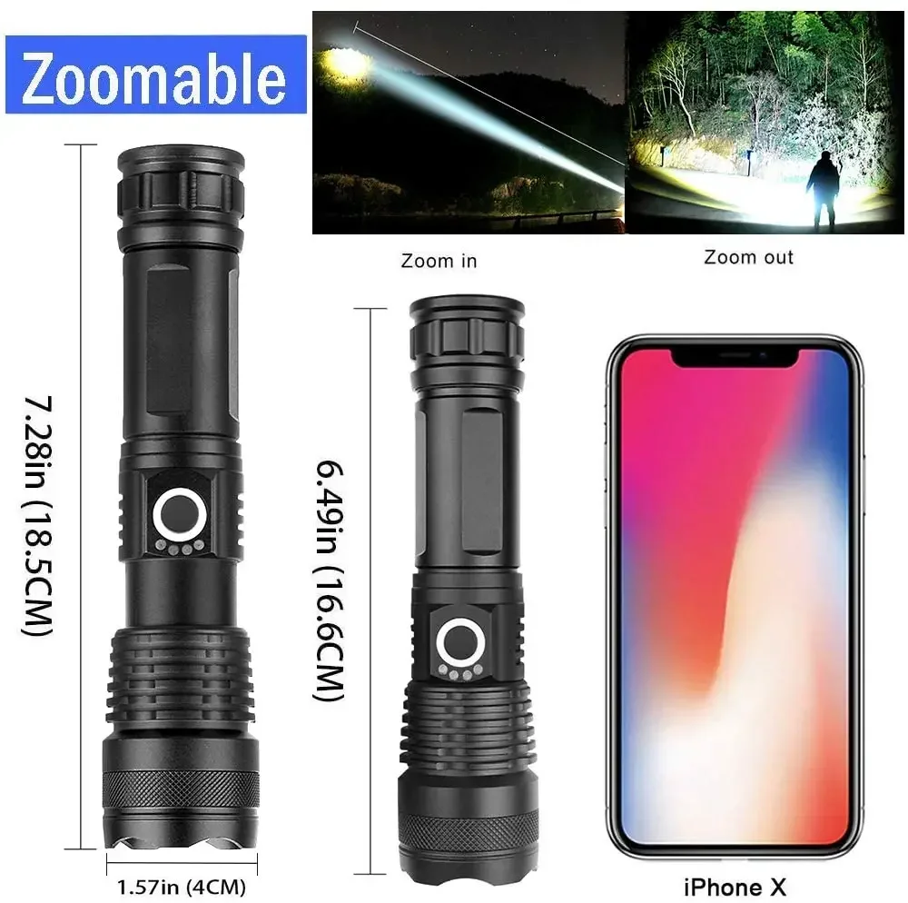 High Power 4-Core XHP50 LED Flashlight Type-C Rechargeable Torch Zoom Hand Lantern 18650 For Camping, Outdoor & Emergency Use ﻿