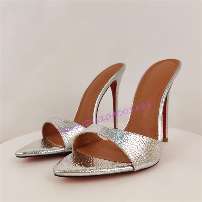 

Gold Silver Snake Pattern Stiletto Slippers Sexy Pointed Toe Shallow High Heels Sandals Summer New Nightclub Party Dress Shoes