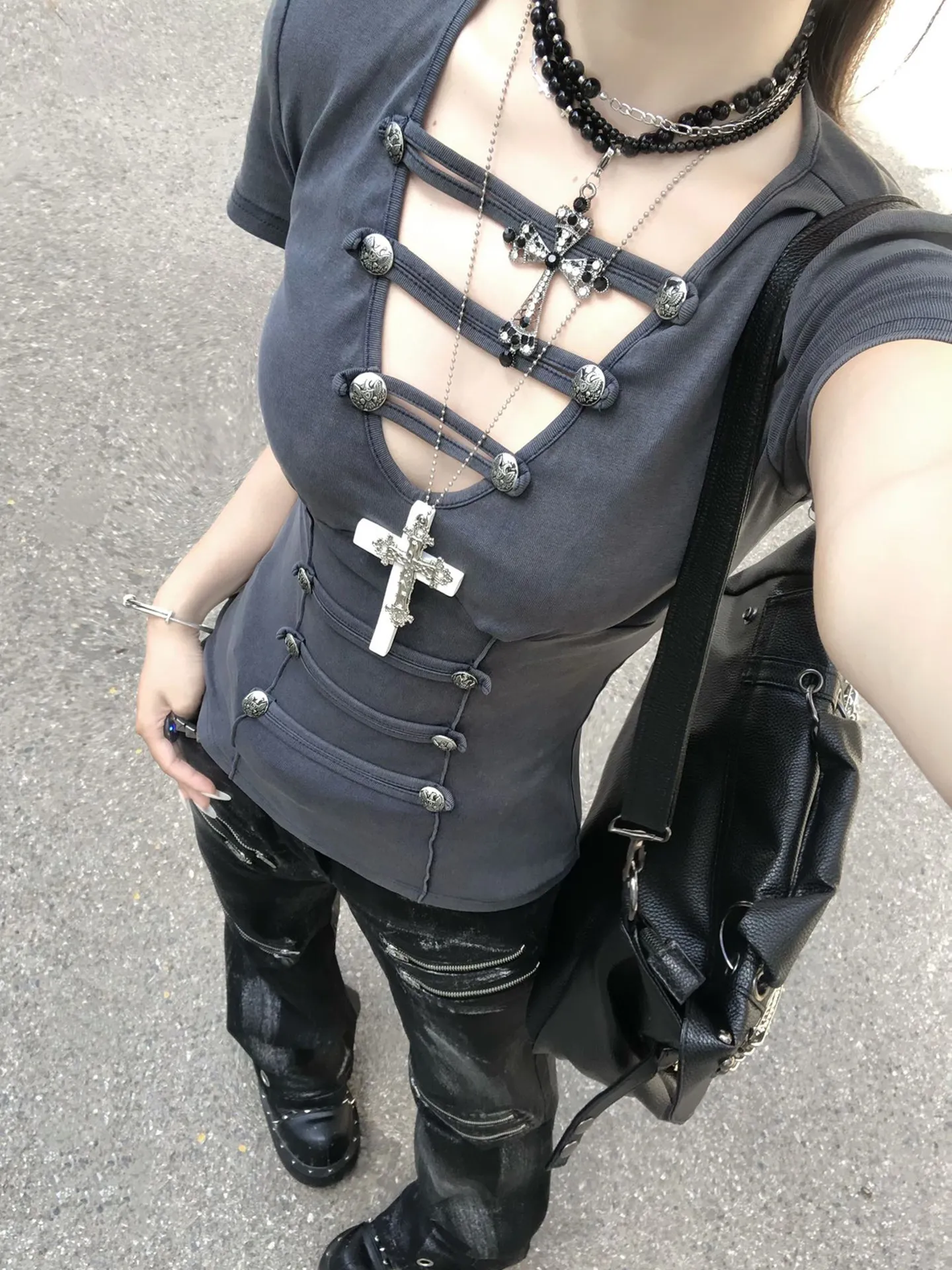 Y2K American Spicy Girl Hollow out V-Neck Short Sleeve Slim Fit T-Shirt Women's Summer Fashion Top Korean Style Casual Wear