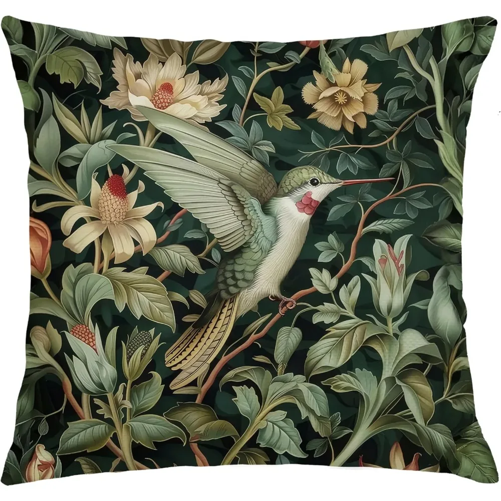 Vintage William Morris Hummingbird Pillow Case Double-sided Floral Botanical Bird Decorative Throw Pillow Cover for Home Decor