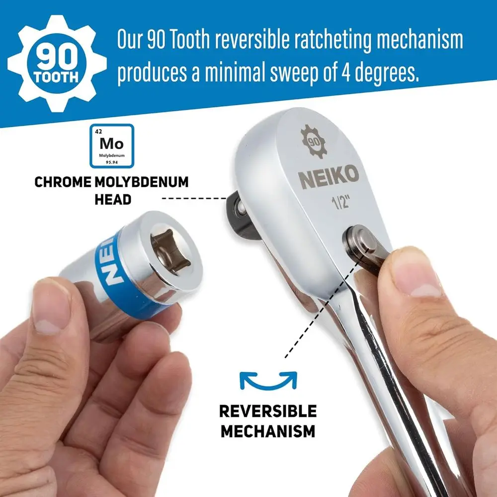 03006A 플랫 헤드 라쳇 세트 - 3피스 로우 프로파일 1/4, 3/8, 1/2 인치 드라이브, 90 톱니, 아노다이징 텍스처드 그립 핸들, 롱 핸들