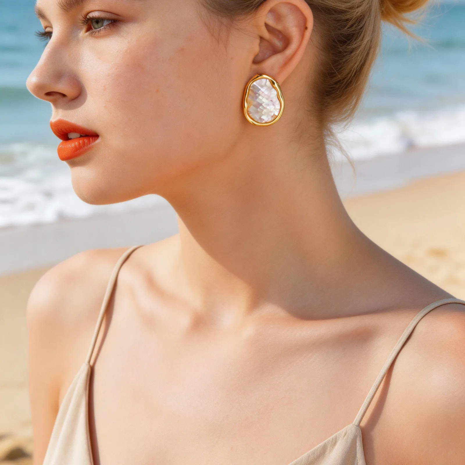 Vnox New Irregular Geometric White Shell Abalone Pattern Earrings for Women, Stainless Steel White Clam Earrings Beach Jewelry