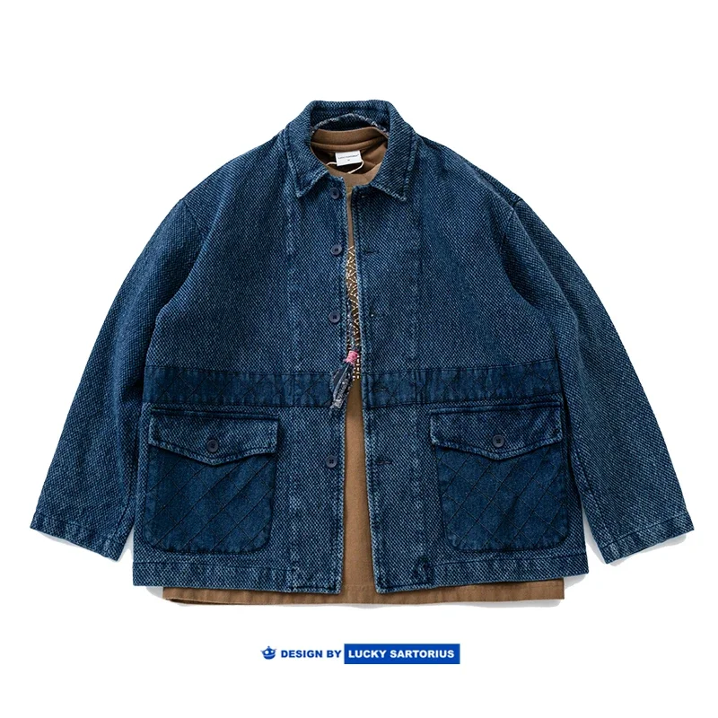 Japanese Spring Autumn Style Men's Washed and Worn Imitating Kendo Fabric Standing Collar Blue Jacket Women's Coat