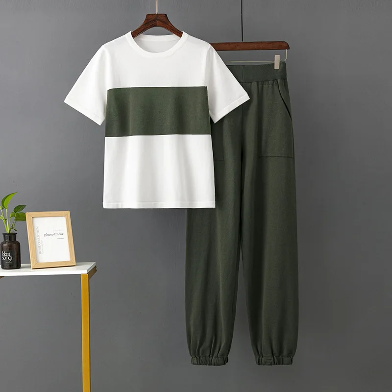 New Korean Chic Fashion Casual Knitted 2 Piece Set Women Pullover Sweater Tops Wide Leg Pants Suits Summer Loose Two Piece Sets