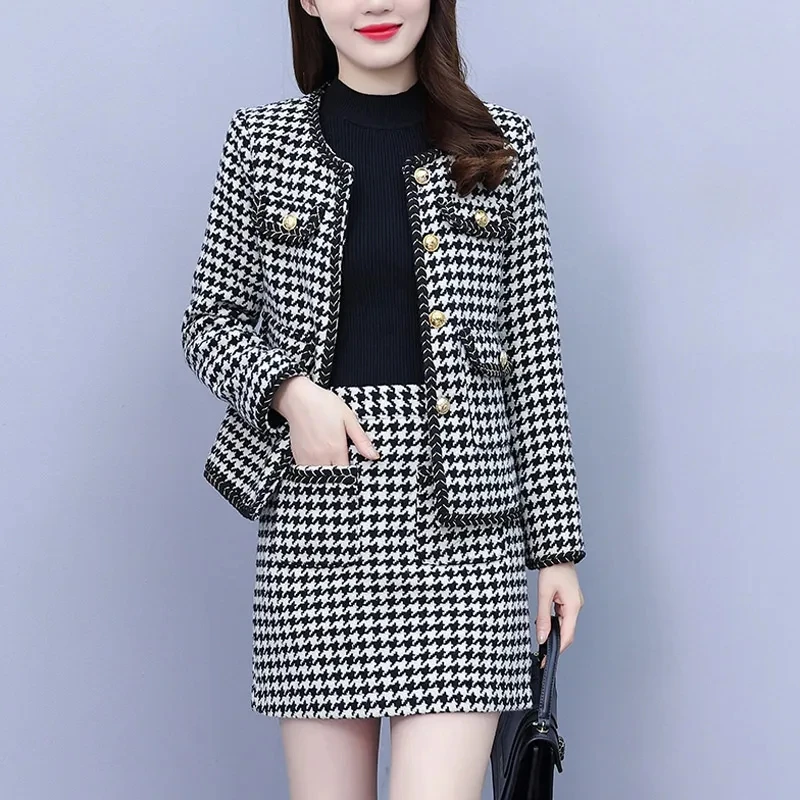 Spring Summer New Chic Casual Houndstooth Skirt Suit Women's Outer Wear Top Korean Button Loose Oversize 5XL Two-Piece Sets