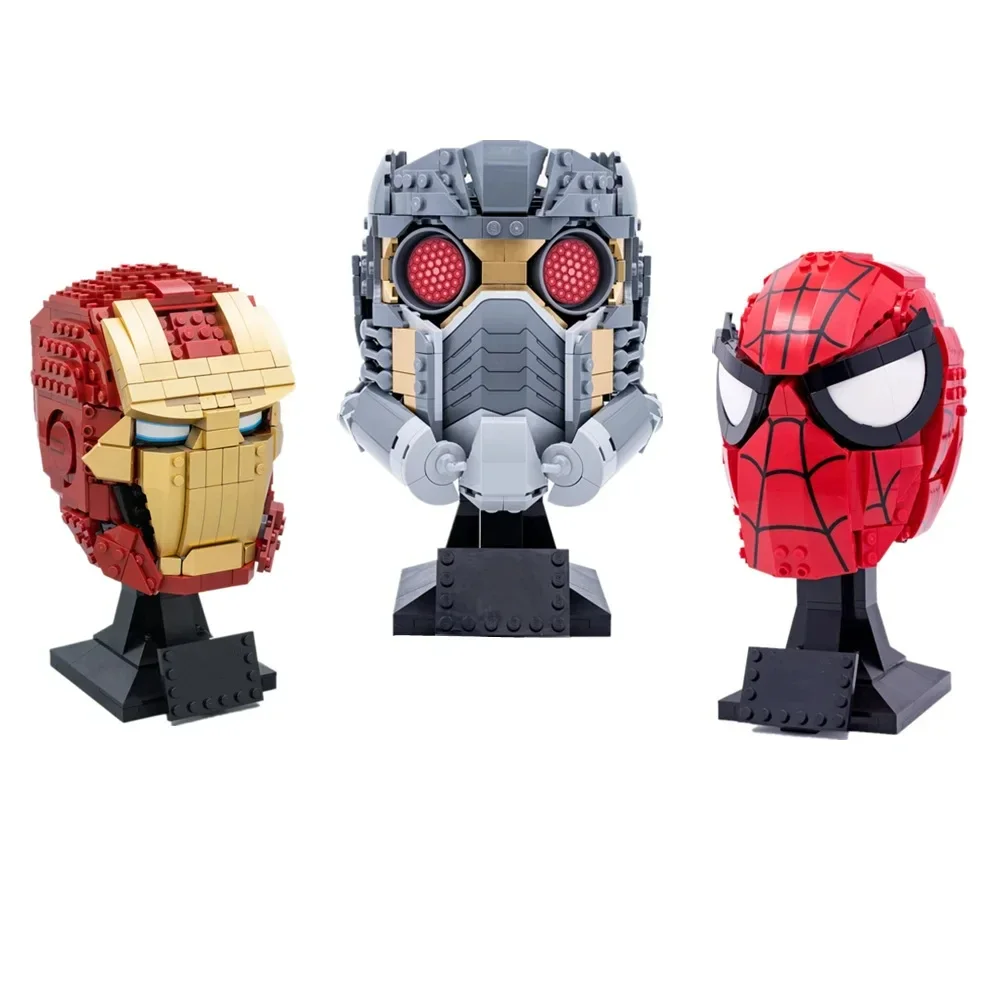 Miniso Marvel Star-Lord Spiderman Mask Ironman Helmet Heroes Avengers Home Decoration Model Building Blocks Bricks Toys Gifts