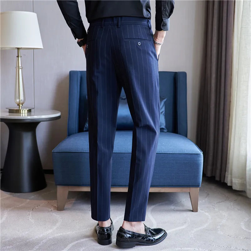 Men\'s Striped Suit Pants Elastic 2024 Autumn New Social Casual Trousers Slim Fit Suit Pants Business Office Wedding Men Clothing