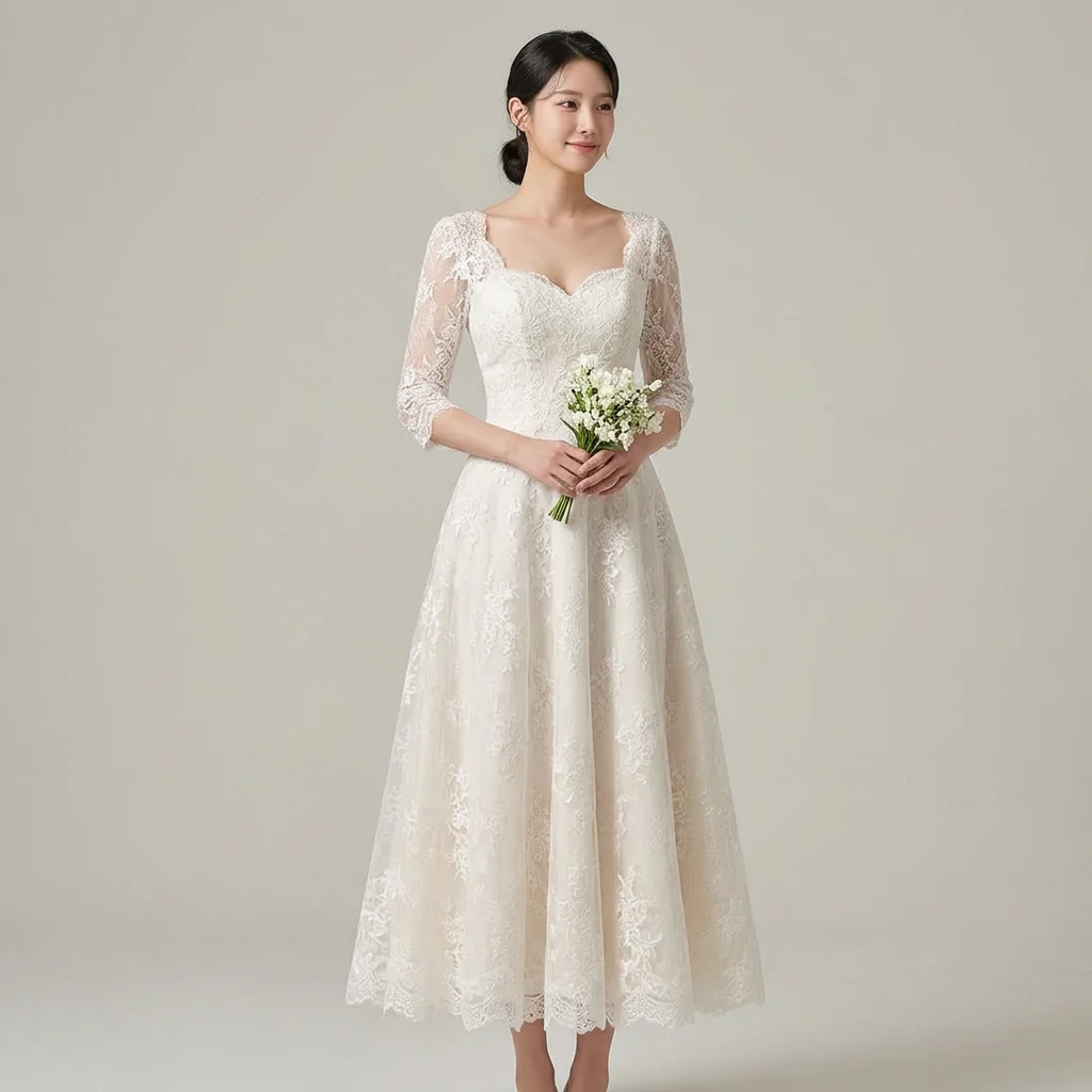 Sweetheart Neck 3/4 Sleeve Lace Tea Length Wedding Dress Vintage A Line Bridal Gown