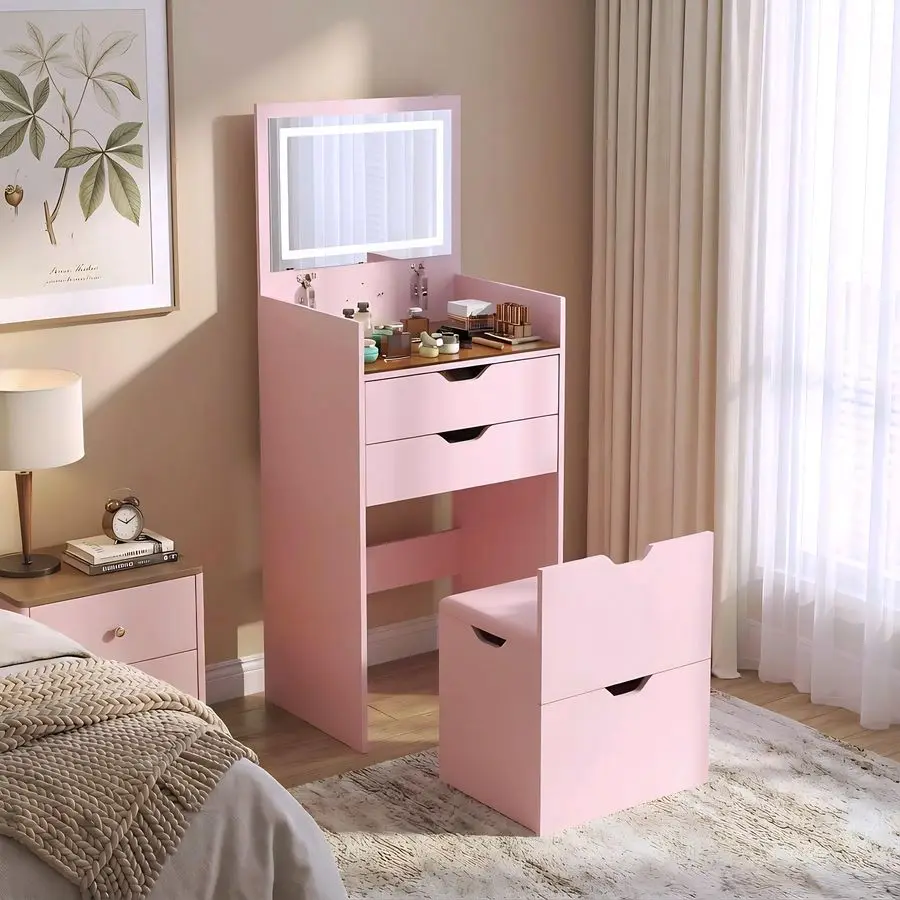 

3-Light Vanity Desk with Mirror, Compact Table with 3 Storage Drawers & Cushioned Stool for Bedroom Cloakroom, Customized