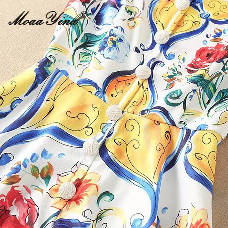 MoaaYina 2025 봄/여름 여성 민소매 화려한 꽃 프린트 버튼 장식 드레스