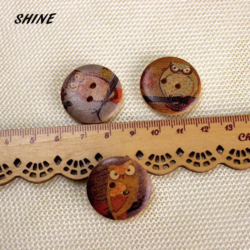 30pcs Wood Sewing Buttons Scrapbook Round Mixed 2-Holes Owl Pattern 25mm Costura Decorate vintage buttons sewing supplies