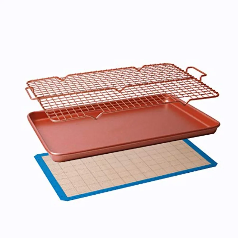 

Набор для выпечки из 3 предметов: профессиональный противень 15 x 10 x 1 дюйм, решетка для охлаждения и силиконовый коврик