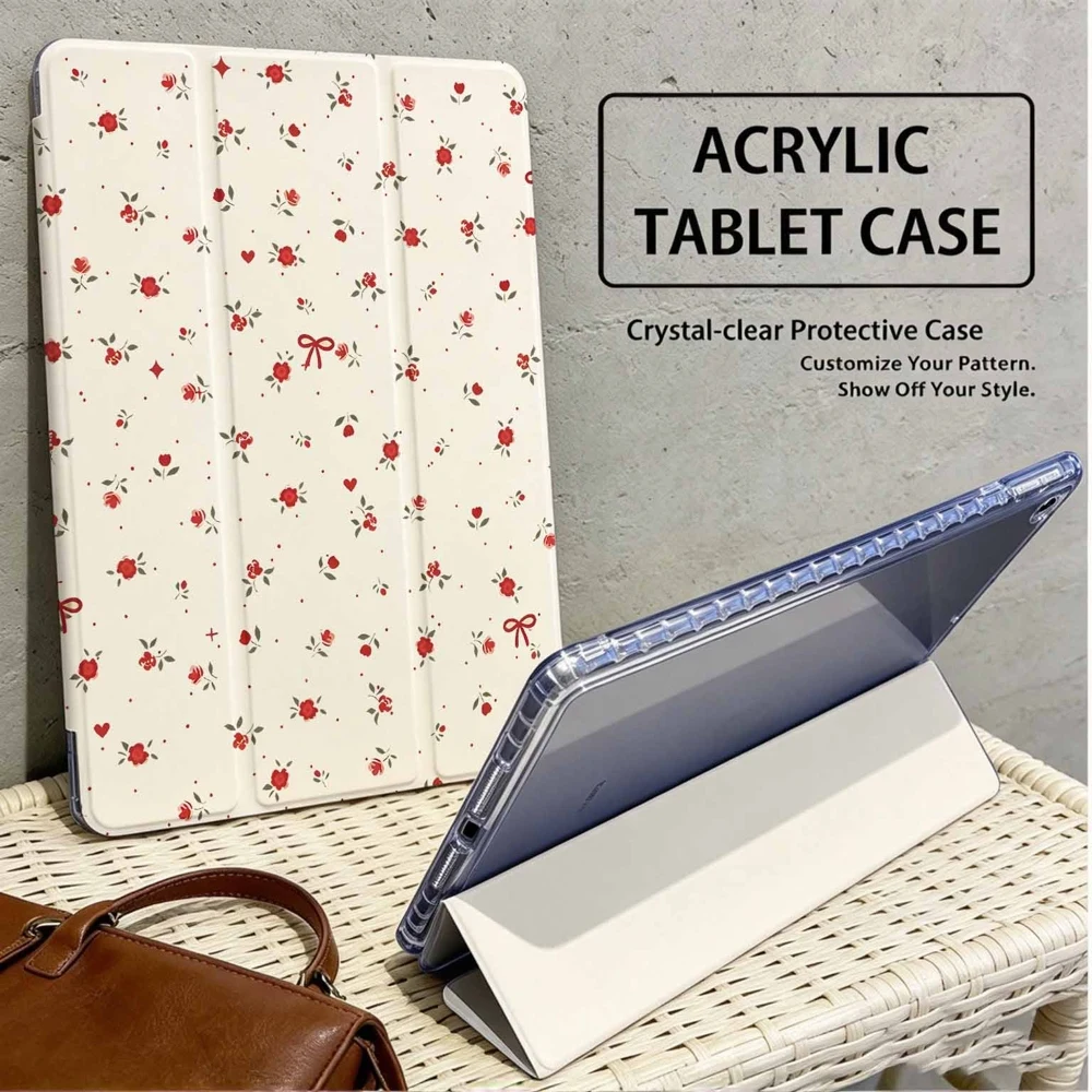 Vintage Red Rose Floral For Samsung Galaxy Tab A8 A9 A11 S6 S7 S8 S9 S10 S11 FE Plus Lite With Pen Slot Tablet Case