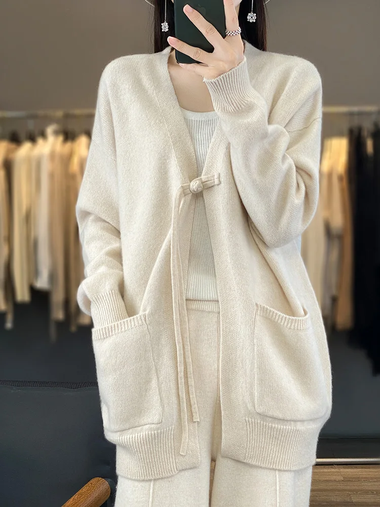 

Women's Chic Casual Loose Cardigan Warm Soft Solid 100% Merino Wool Knitted Sweater Autumn Winter Chinese Style Clothing Tops
