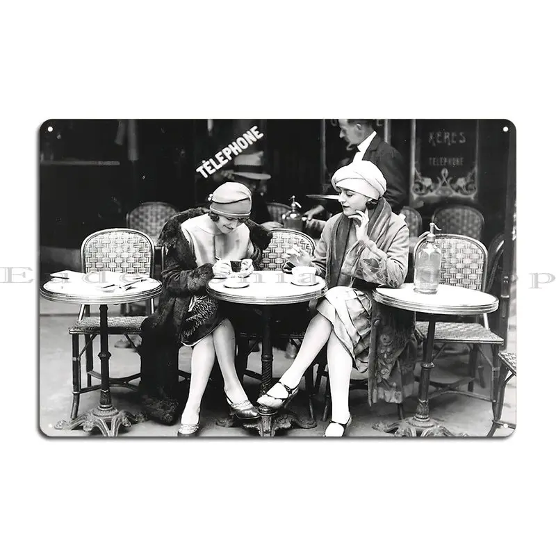 Flappers At Cafe Black And White Vintage Art Metal Plaque Character Mural Create Cinema Kitchen Tin Sign Poster