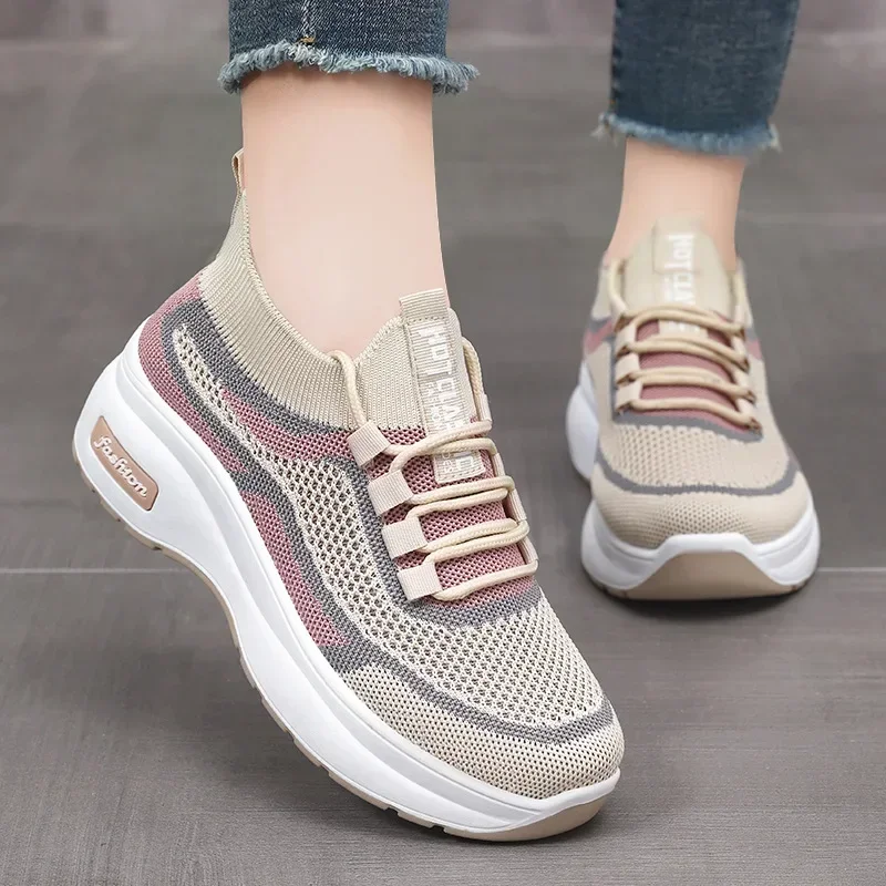 Women's Spring Platform Casual Sports Women's Shoes Heightening Shoes Breathable and Comfortable Lace-up Mother Shoes