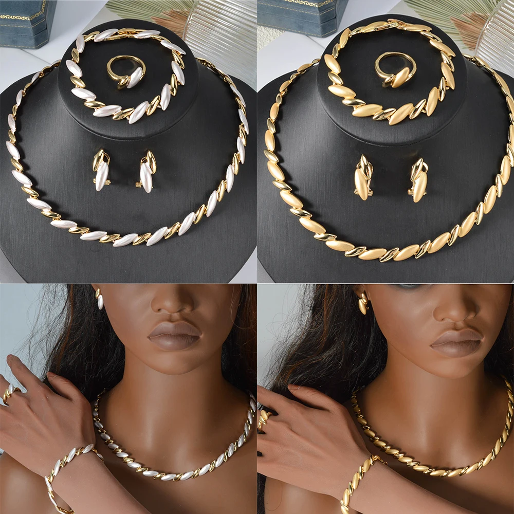 

Wedding4pcs Set Three Colors Necklace, Bracelet, Earrings, Ring Set Irregular Geometric Shapes Jewelry Accessory Women Gifts