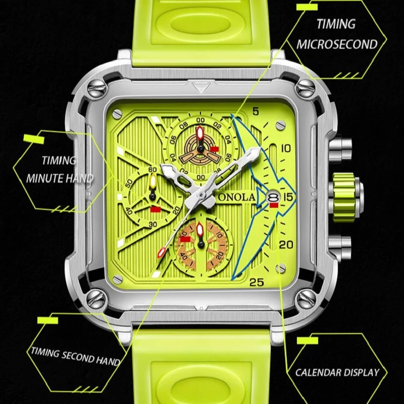 Luxury Brand ONOLA Fashion Green Watches Men Automatic Date Sports Silicone Strap Waterproof Square Quartz WristWatch Reloj 2023