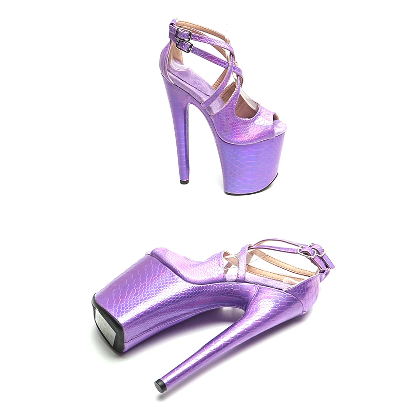 Leecabe 20cm/8inches Shiny  Snake PU  upper Open toe  Platform high heel sandals  sexy model shoes pole dance shoes