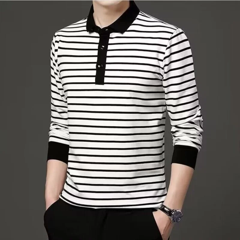 Spring and Autumn New Men\'s Long Sleeve T-shirt with Polo Collar Black and White Stripes Top Youth Casual Male Comfortable Shirt