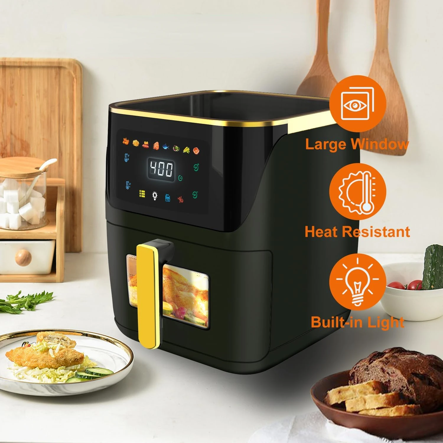 หม้อทอด Air fryer ขนาดครอบครัวใหญ่8.5Qt หน้าจอสัมผัสดิจิตอล8-in-1หน้าต่างดูง่ายอากาศทอดเร็ว1750W ถึง400 ℉ อัตโนมัติ