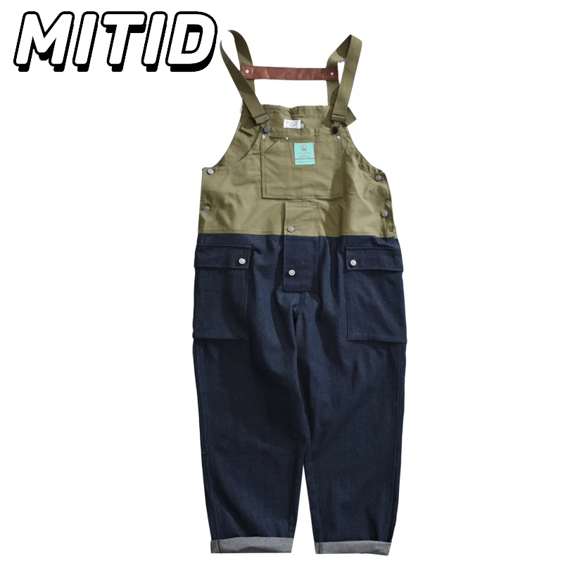 

Hip Hop Streetwear Contrast Color Denim Pants Men Casual Loose Mens Overalls Japanese Workwear Denim Trousers Men Dad Pants