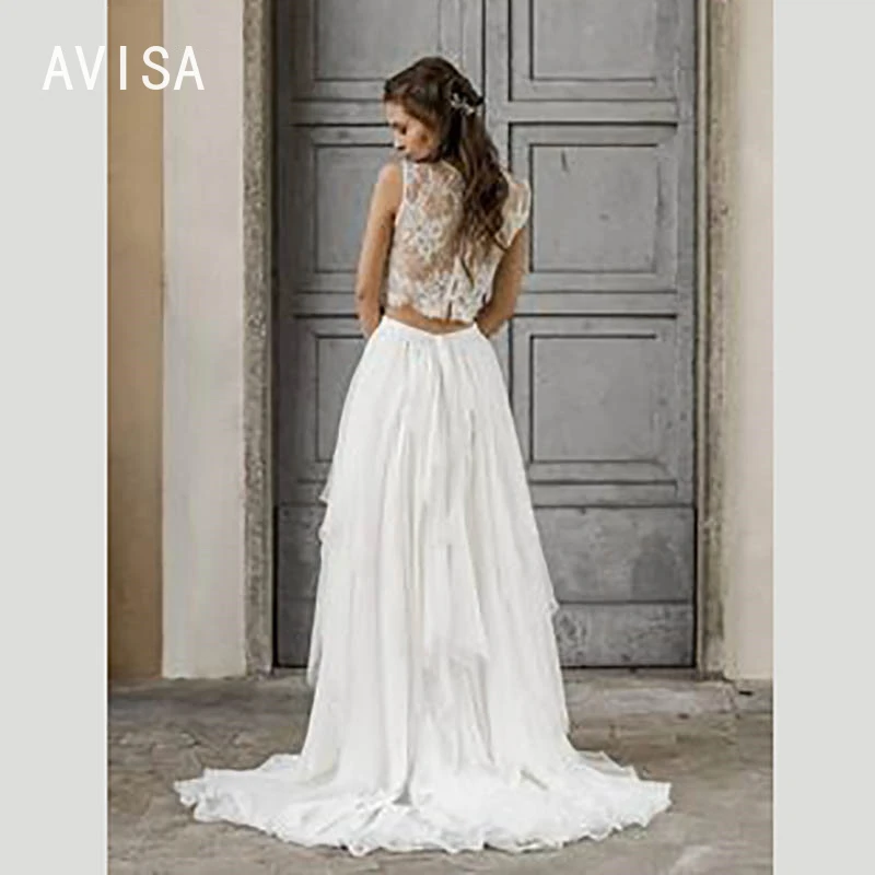 Vestido de novia bohemio elegante, 2 piezas, sin mangas, encaje, playa, tren, gasa, vestidos de novia