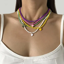 Bohemia Beads Choker Necklace Women Handmade Heart Pendant Candy Color Collar Neck Chain Choker Fashion Jewelry Accessories