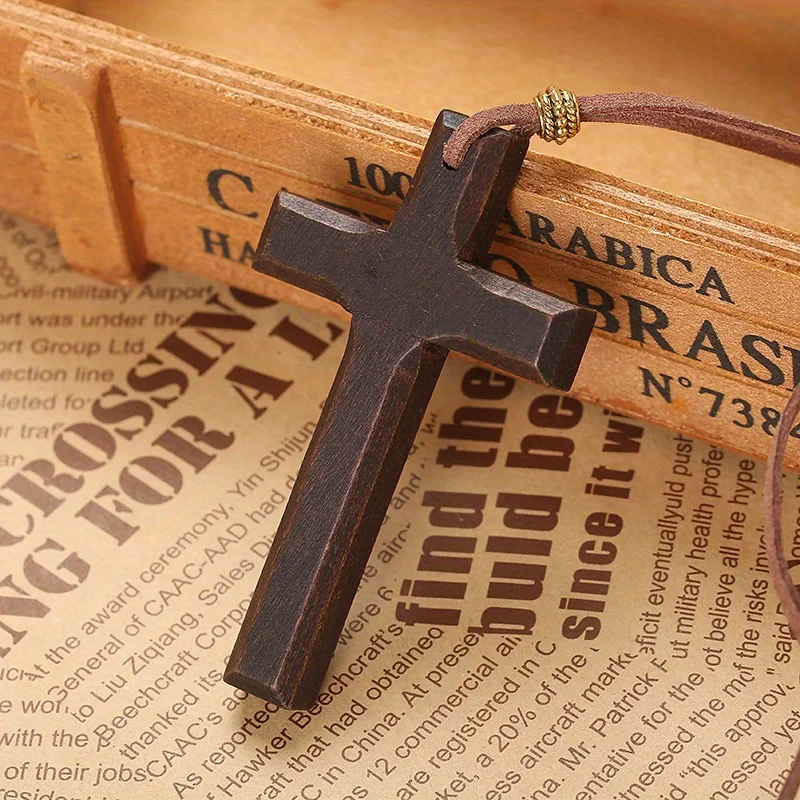 Cross Crucifix Wood Pendant Necklaces for Men Woman Black Brown Sweater Chain Rope Cord Religious Unisex Present