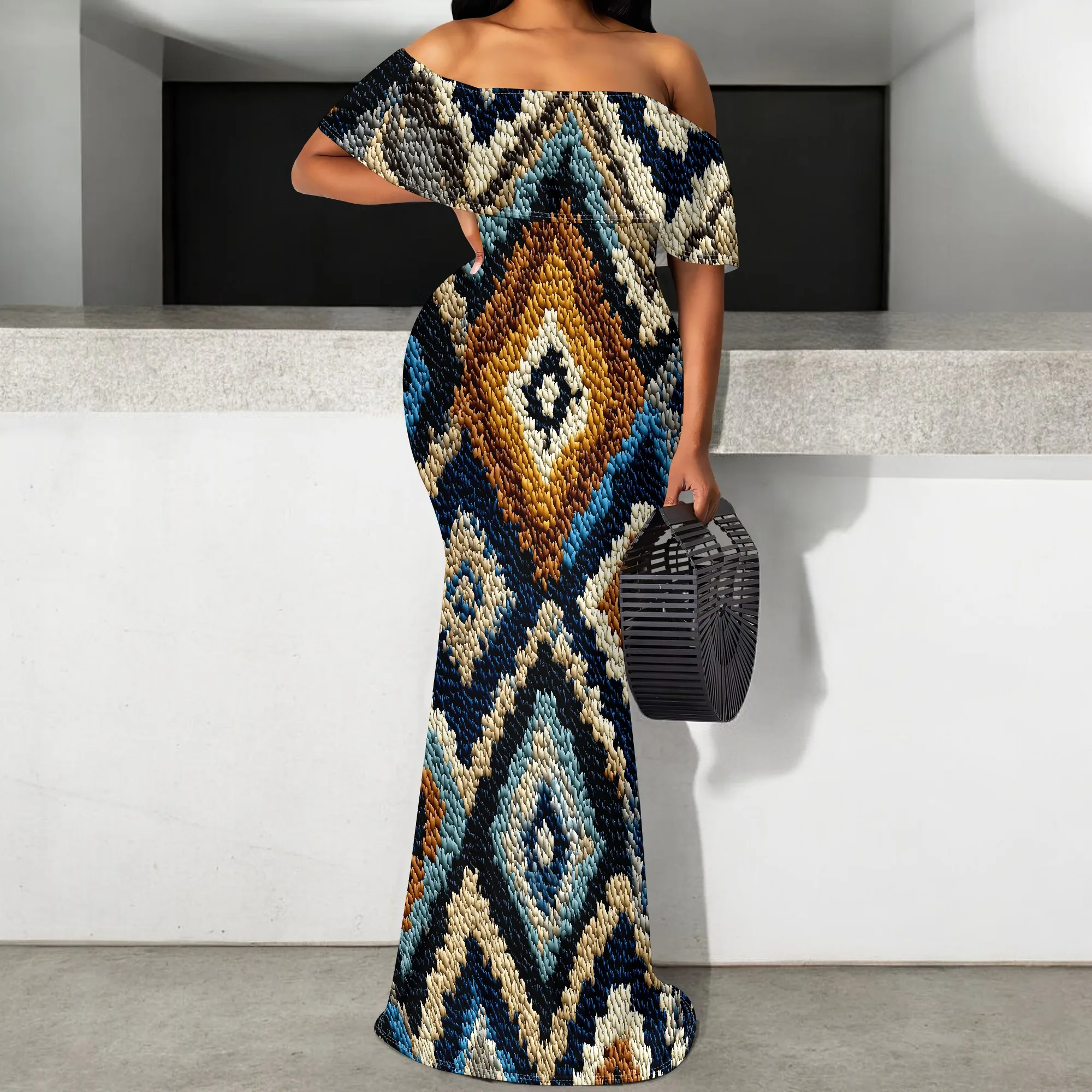 

Women's Aztec Print Maxi Dress S-3XL | Off Shoulder Mermaid Bodycon Gown | Boho Tribal Fall Winter Party Dress