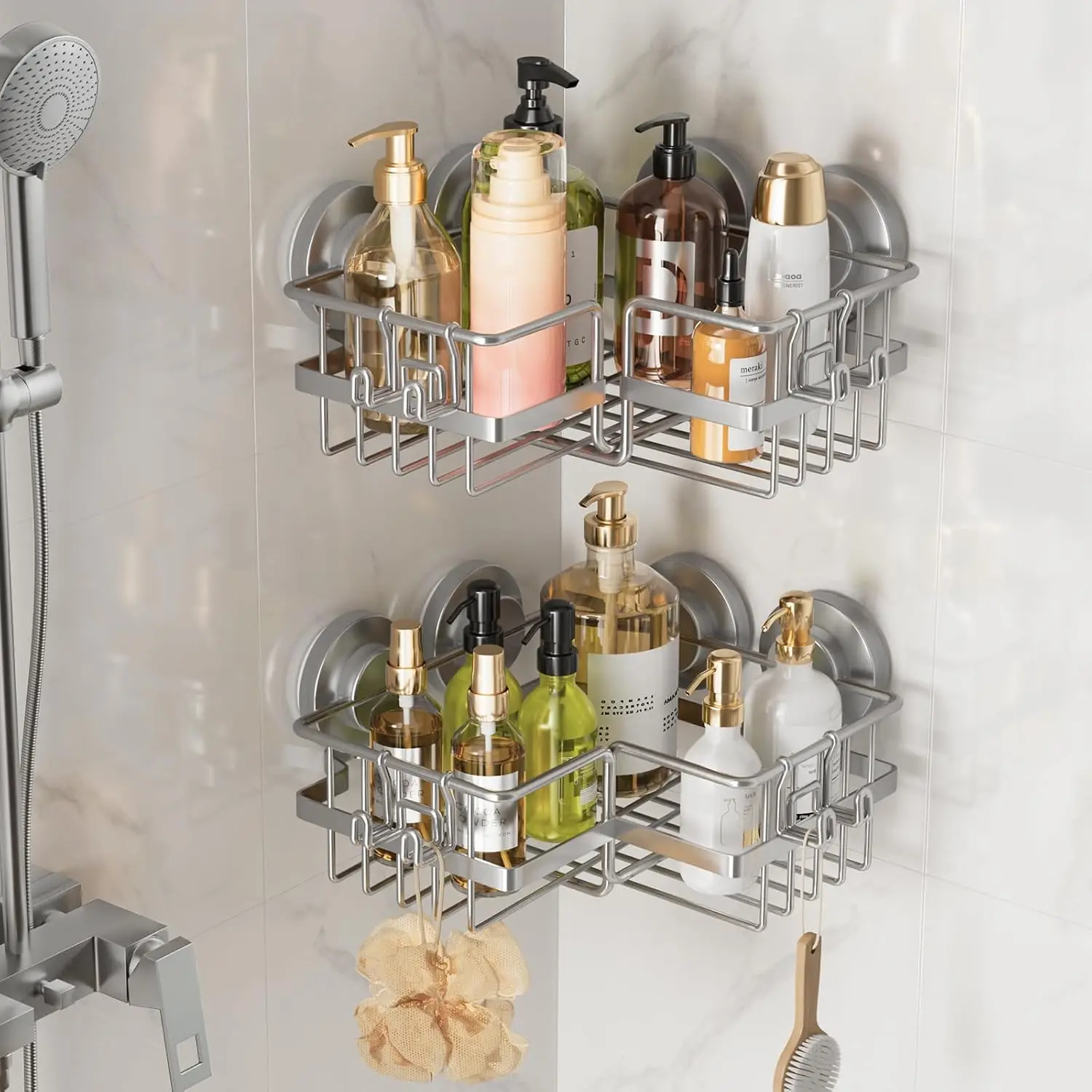 TAILI Suction Cup Shower Caddy, Stainless Steel Rustproof Corner Shower Shelves, Drill-Free Wall Mounted Baskets Removable Shelf