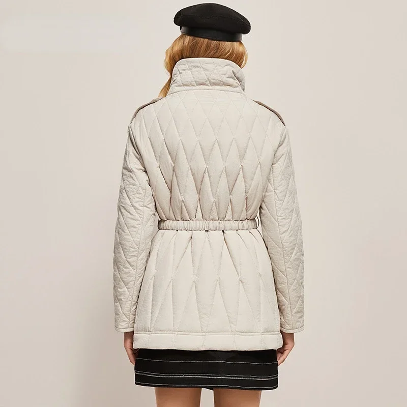 Midi Parkas Rhombus Down Jackets Black Winter Retro Fashion Coats Adjustable Waist Belt Beige Stand Collar Overcoat Snow Wear