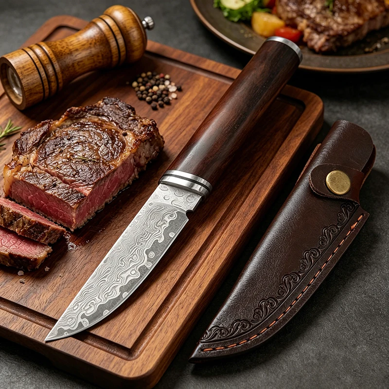 Damascus Steel Outdoor Knife Portable Hunting Camping & BBQ Handheld Meat Knife Boning Knives with Sheath view 4