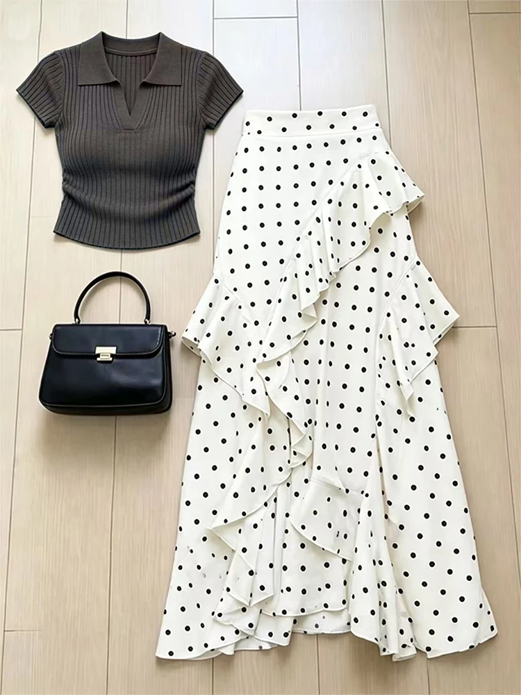 

Elegant Fashion High-End Slim Fit Knitted Shirt And Polka Dot Half Skirt Summer Two-Piece Set Women's Clothing Ensemble