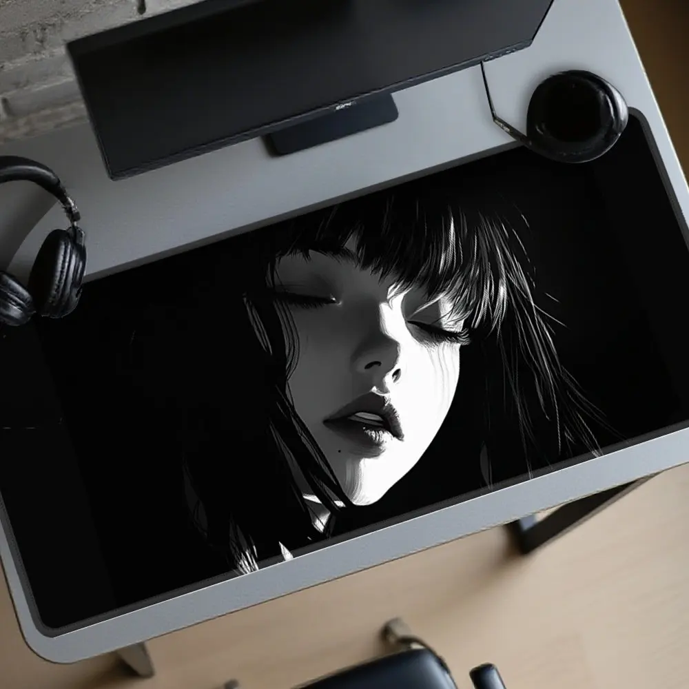 XL Anime Style Gaming Mouse Pad, Black White Aesthetic, Polyester Surface Rubber Base, Non-Slip Desk Mat for Office