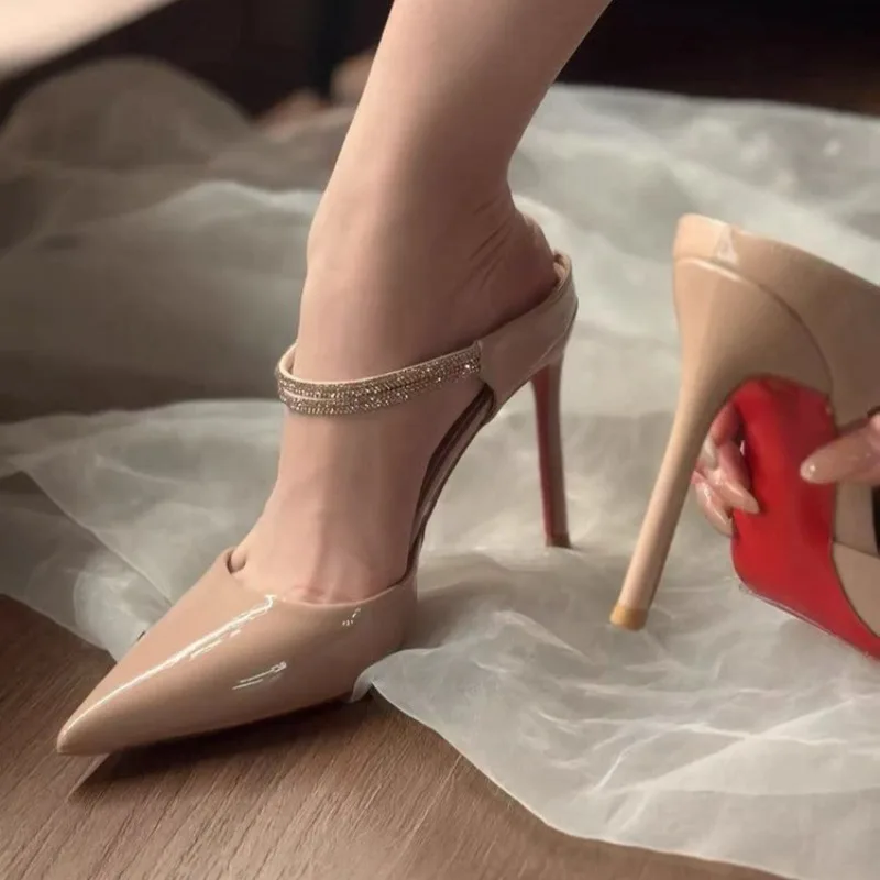 2026 New Women High Heels Sandals Designer Pointed Shoes Rhinestone Chain Patent Leather Fashion Shoes Women Zapatos De Muje