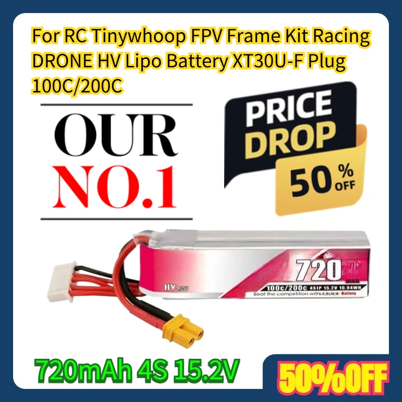 

For RC Tinywhoop FPV Frame Kit Racing DRONE 720mAh 4S 15.2V HV Lipo Battery XT30U-F Plug 100C/200C