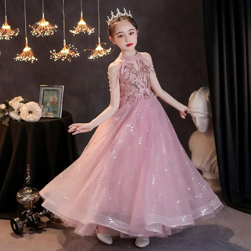 Beaded Kids Dresses For Party Wedding Dress Sequins embroidery Teen Children Pageant Gown baby Girls PrincessTulle Dress