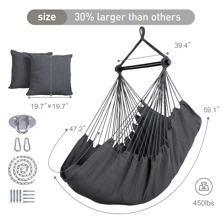 

Hammock Chair Swing with Steel Support Bar, Side Pocket, Large Hanging Chair Outdoor, Max 450lbs Capacity, Dark Gray