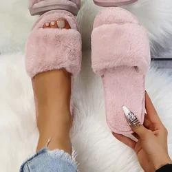 Chinelos peludos antiderrapantes para mulheres, apartamentos interiores casuais, sapatos de chão, chinelos femininos, casa quente de inverno, monocromático, inverno 2022