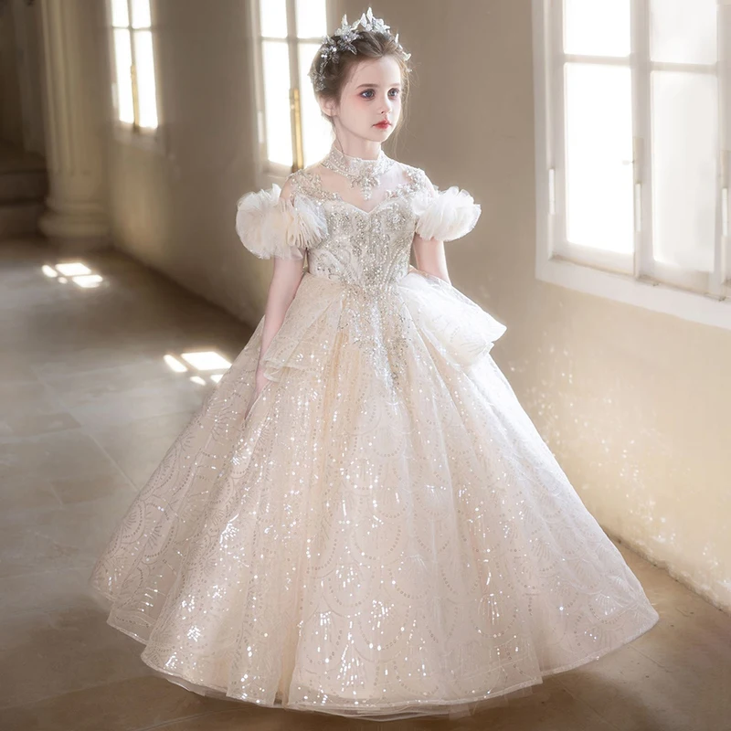 Flor meninas vestido de casamento luz luxo apliques piano desempenho vestidos requintado fora do ombro brilhante baile de formatura vestidos de princesa