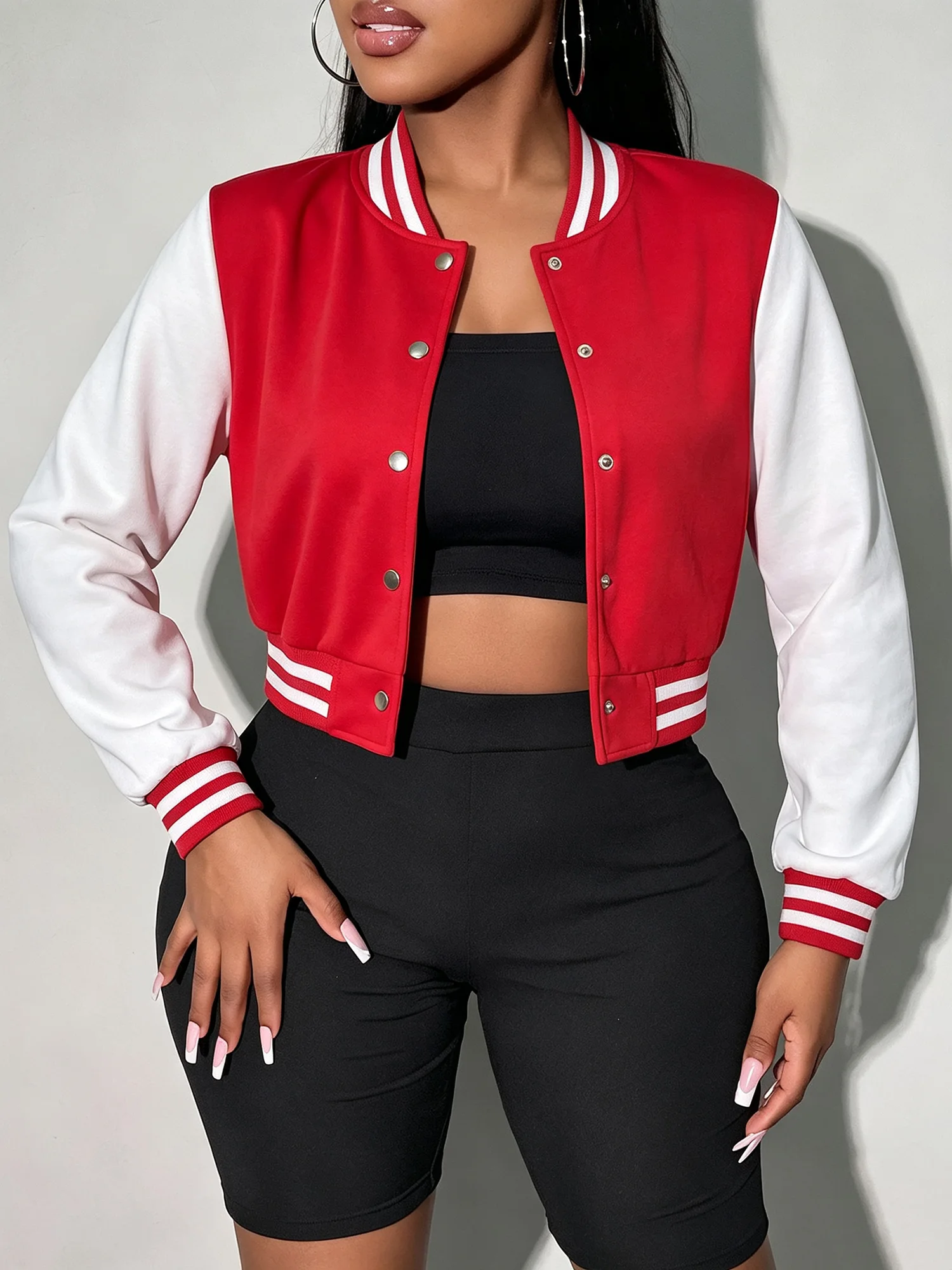 Modischer College-Mantel mit gestreiften Akzenten, kurze Bomberjacke für den urbanen Hip-Hop-Alltagsstil – Detail 2