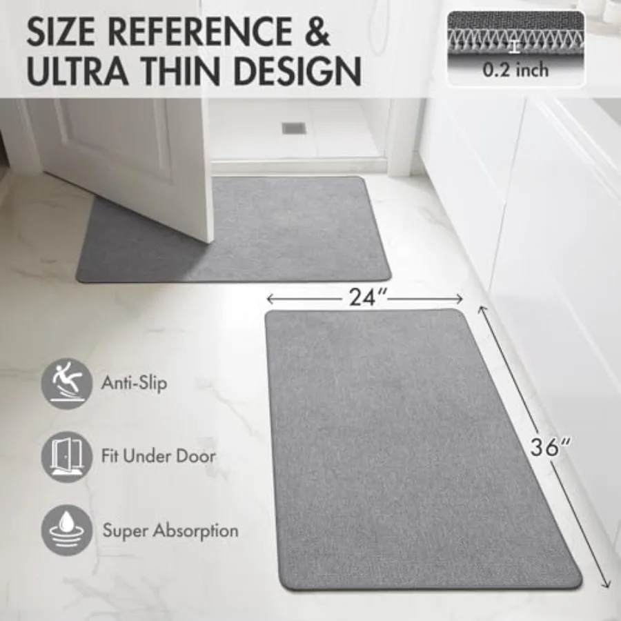 Bathroom Rugs Set 2 Pieces, Thin Bath Mats 24x36 Inch Non Slip Rubber Backing, Quick Dry, Absorbent, Machine Washable, Large Ba