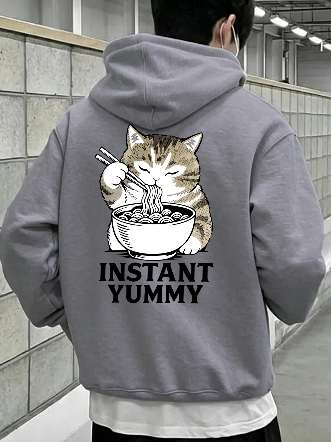 Kittens Eat Delicious Noodles Printing Men Basic Office Tops Soft Fleece Hoodies Pocket Loose Sportswear Casual Fashion Clothes